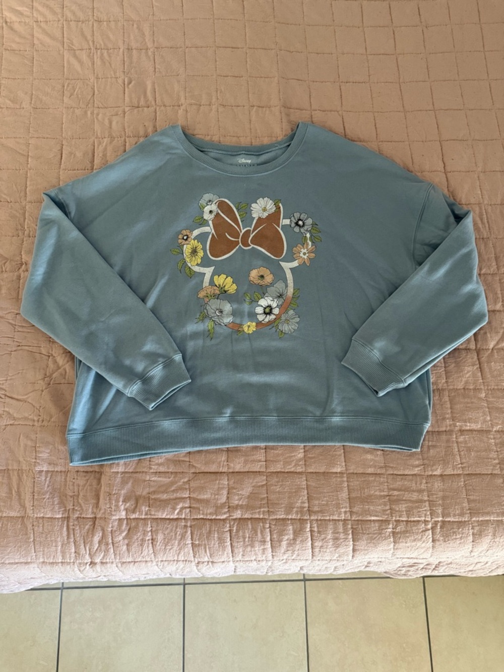 Disney Minnie Mouse Dusty Blue Floral Graphic Crewneck Sweatshirt